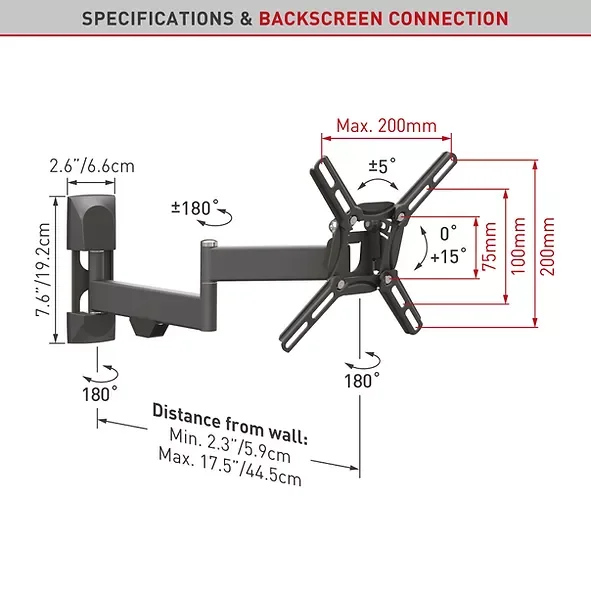 Suport TV de perete, Barkan 2400.B, Fix, 13"- 43", VESA 200 x 200 mm, suporta pana la 25kg, negru