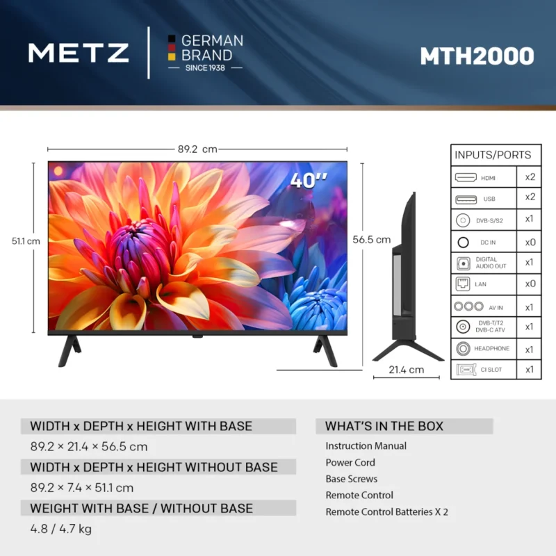 Televizor METZ LED 40MTH2020Z, 100 cm, FHD, Clasa E, Non Smart TV