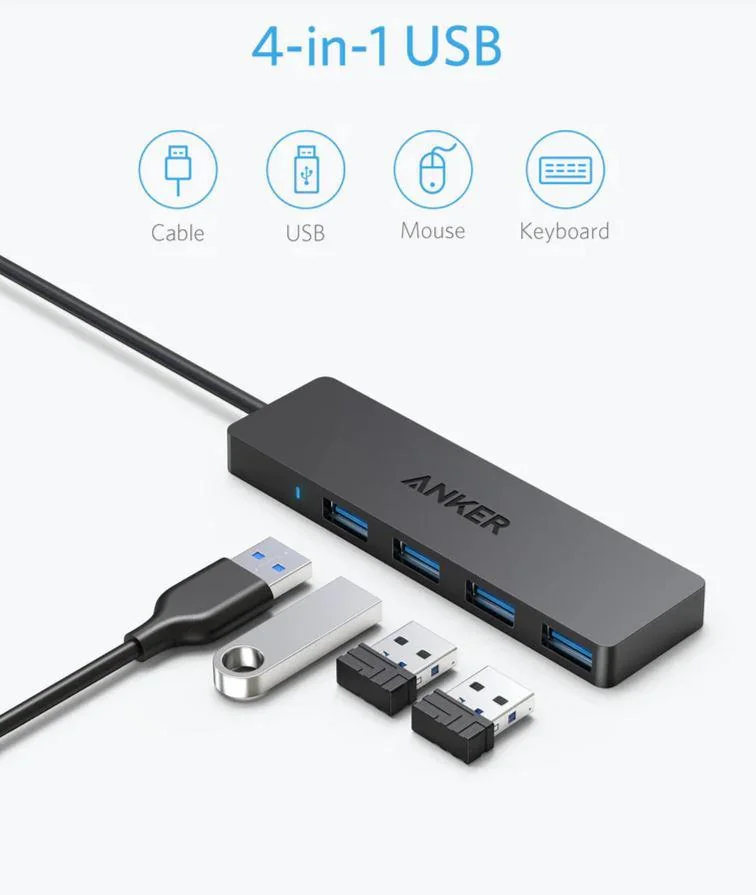 Hub USB Anker A7516016, USB-A, 4 porturi, Negru