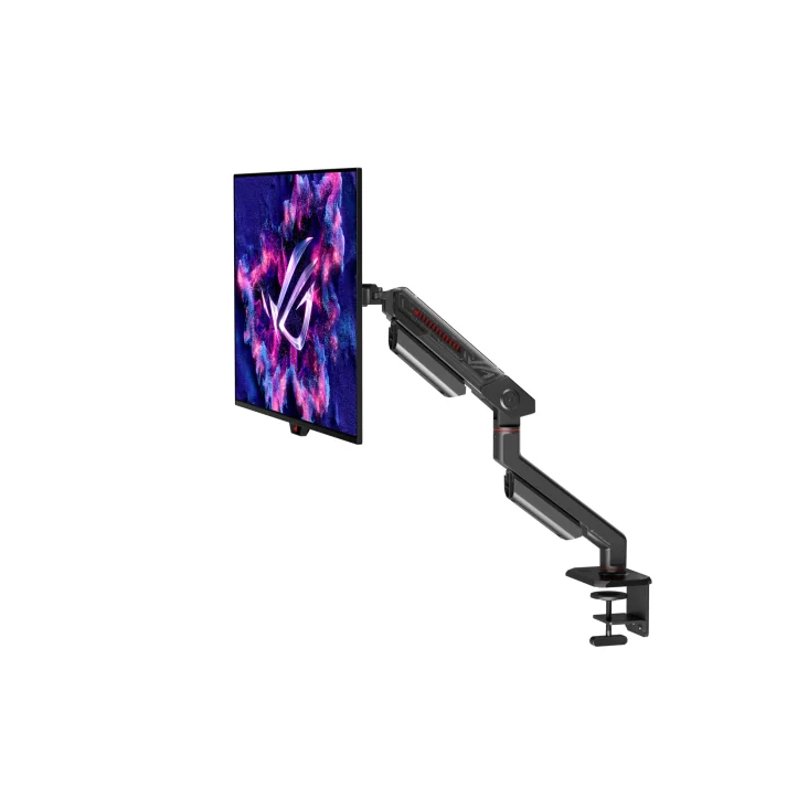 ASUS AAS01 – ROG Ergo Arm. Mounting: Clamp, Maximum weight capacity: 11.5 kg, Maximum screen size: 86.4 cm (34"), Minimum VESA mount: 100 x 100 mm, Maximum VESA mount: 100 x 100 mm. Height adjustment, Swivel angle range: -90 - 90°, Tilt angle range: -25 - 80°. Product colour: Black