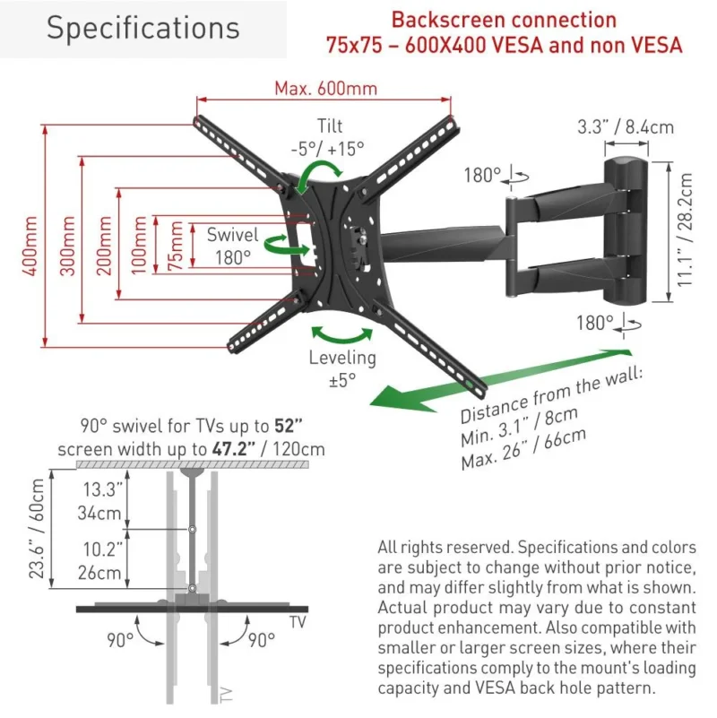 Suport TV plat/curbat de perete cu 2 brate Barkan BM443LP, 13"- 83", Max 50kg, VESA 600x400, negru