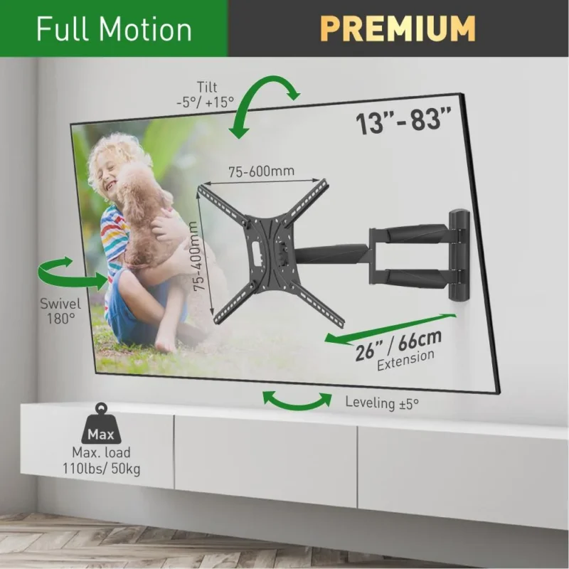 Suport TV plat/curbat de perete cu 2 brate Barkan BM443LP, 13"- 83", Max 50kg, VESA 600x400, negru