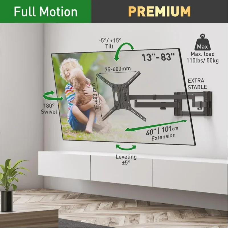 Suport TV plat/curbat de perete cu 2 brate Barkan BM464XL, 13"- 83", Max 50kg, VESA 600x400, negru