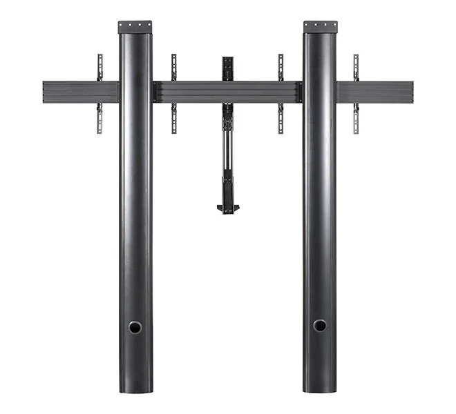 Stand de podea cu fixare in perete B-Tech, pentru doua display-uri cu diagonala 56-65", suporta pana la 70kg (per ecran), inaltime stand 2m, VESA pana la 600x400, include polita pentru montarea camerei de videoconferinta, cable management integrat, include suruburi de blocare a ecranelor pentru a