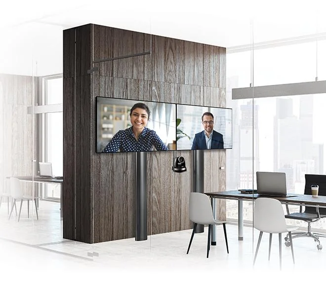 Stand de podea cu fixare in perete B-Tech, pentru doua display-uri cu diagonala 56-65", suporta pana la 70kg (per ecran), inaltime stand 2m, VESA pana la 600x400, include polita pentru montarea camerei de videoconferinta, cable management integrat, include suruburi de blocare a ecranelor pentru a