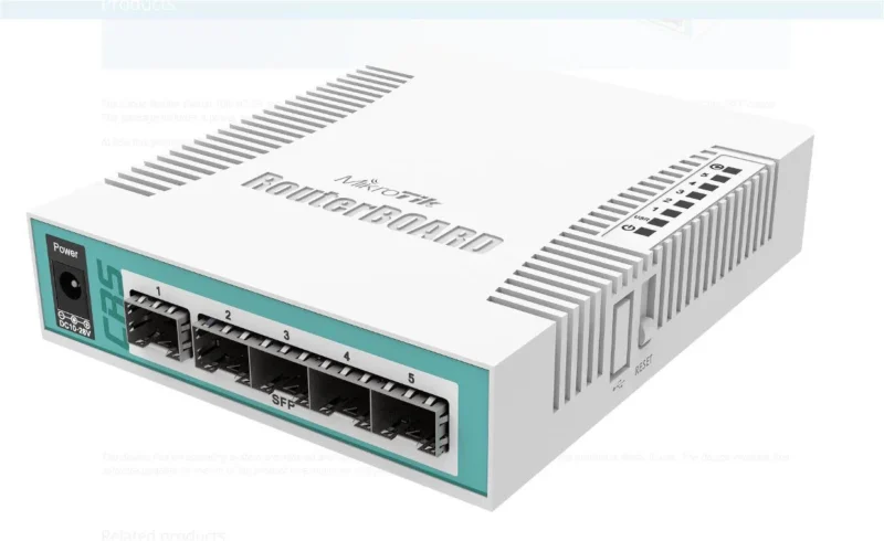 MIKROTIK Cloud Router Switch 106-1C-5S, 1* CPU core count, RAM: 128 MB ,Flash Storage: 16 MB, 1* Ethernet Combo ports, 5* SFP ports. Serialport: RJ45