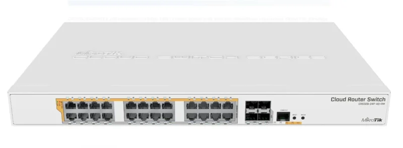 Mikrotik 24Port, 4 SFP, POE swirtch CRS328-24P-4S+RM, CPU: 800 MHz, Ram: 512Mb, 16Mb Flash, 24 x 10/100/1000, 4 x SFP, 2 x ventilatoare, dimensiuni: 443 x 300 x 44 mm, PoE out: 802.3af/at.