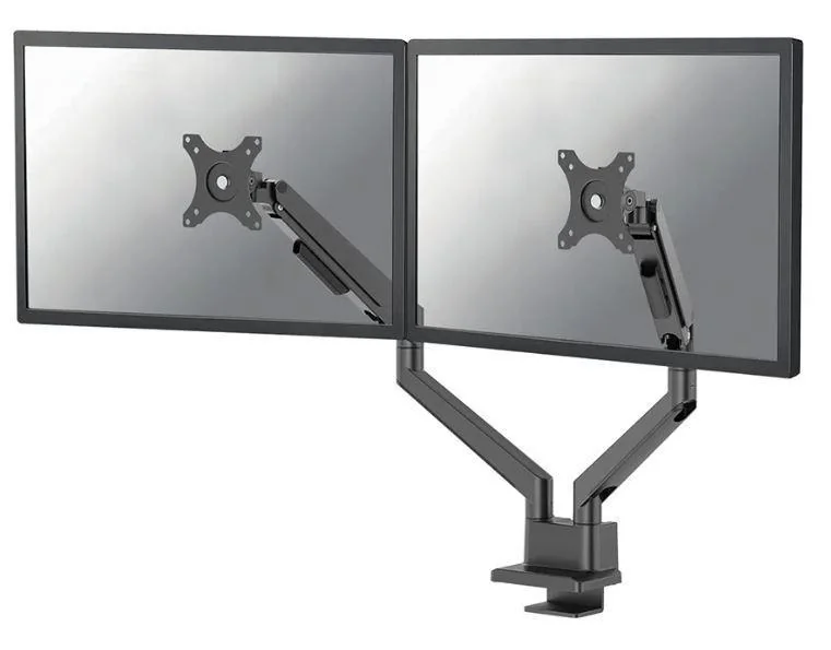 Brat dublu pentru monitor Neomounts, tip full motion, pentru display-uri cu diagonale 17"-32", sistem de prindere VESA 75x75~100x100mm, greutate maxima suportata 9 kg per ecran, tilt +45°, -45°, swivel +90°, -90°, rotate +180°, -180°, reglabil pe inaltime 21,5-49,5 cm, ajustarea latimii 11.4 cm