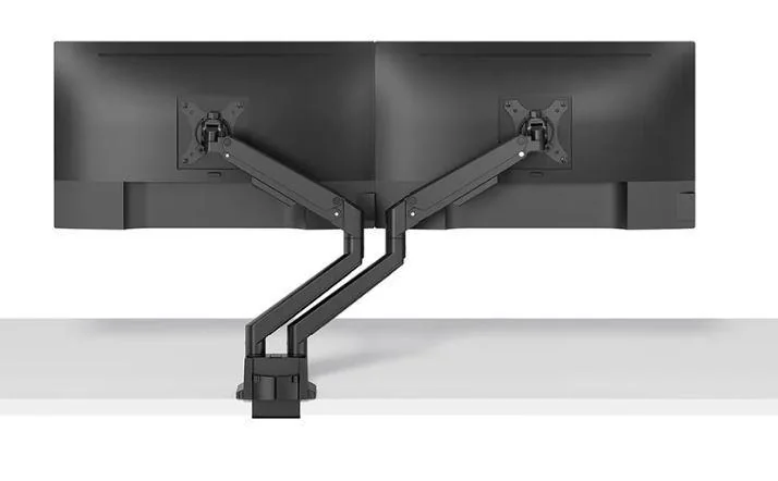 Brat dublu pentru monitor Neomounts, tip full motion, pentru display-uri cu diagonale 17"-32", sistem de prindere VESA 75x75~100x100mm, greutate maxima suportata 9 kg per ecran, tilt +45°, -45°, swivel +90°, -90°, rotate +180°, -180°, reglabil pe inaltime 21,5-49,5 cm, ajustarea latimii 11.4 cm