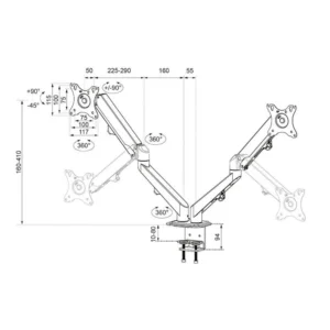 Brat de birou pentru monitor Neomounts, poate sustine 2 monitoare cu diagonala display 17-27", suporta pana la 7kg per monitor, full motion, +90°, -45° inclinatie, +90°, -90° swivel, +180°, -180° rotatie,  VESA min 75x75, VESA max 100x100,reglabil pe inaltime: 15.2-40.2 cm, negru. Garantie 5 ani