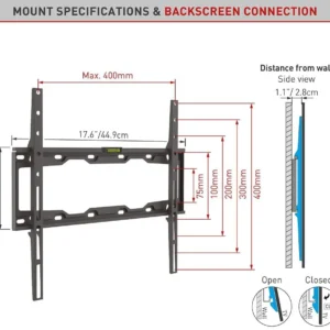 Suport TV de perete, Barkan E302+.B, Fix, 19"- 65", VESA 400 x 400 mm, suporta pana la 50kg, negru