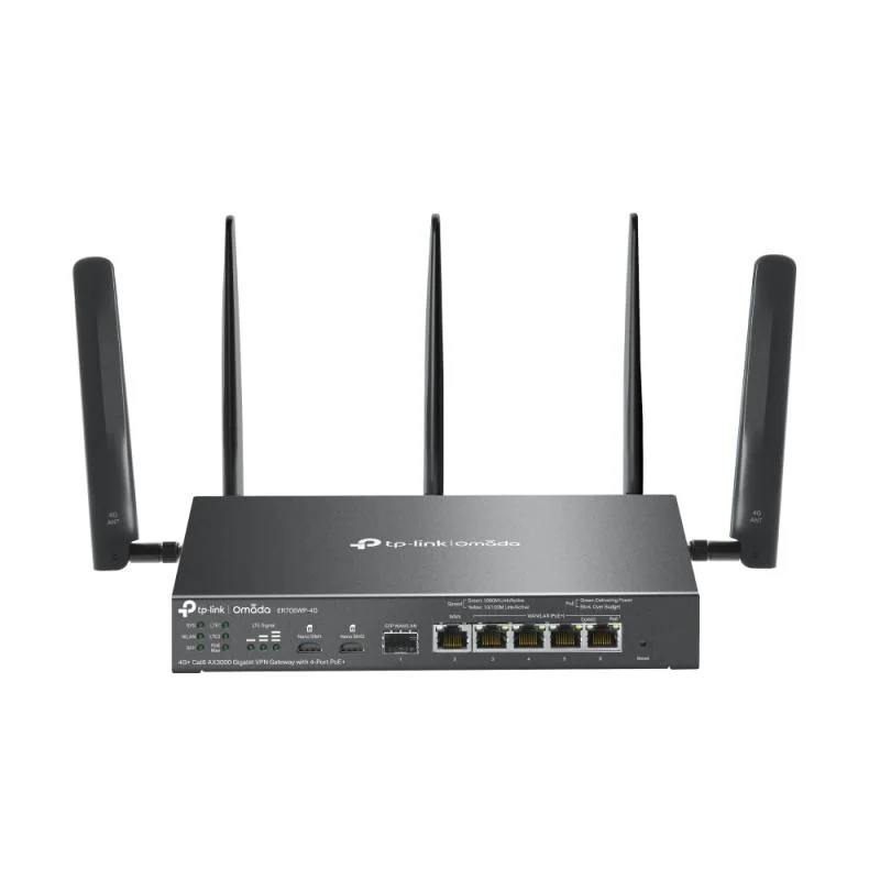 Omada 4G+ Cat6 AX3000 Gigabit VPN Gateway with 4-Port PoE+ PORT: 1× Gigabit SFP WAN/LAN Port, 1× Gigabit RJ45 WAN Port, 4× Gigabit WAN/LAN RJ45 Ports, 2 Nano SIM slot (4G+ Cat6) SPEC: 802.3 at/af, 4 Ports with 45W PoE Power, Desktop & Wall-mount Steel Case SPEED: 574Mbps at 2.4 GHz + 2402 Mbps at 5