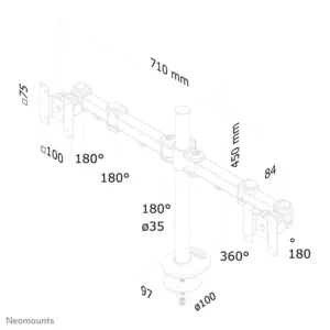 Neomounts by Newstar full motion dual desk mount (grommet) for two 10- 27" monitor screens, height adjustable - Black  General Min. screen size*: 10 inch Max. screen size*: 27 inch Min. weight: 0 kg (per screen) Max. weight: 8 kg (per screen) Screens: 2 VESA pattern: 75x75, 100x100 mm VESA minimum