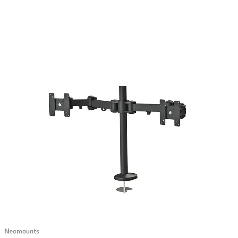 Neomounts by Newstar full motion dual desk mount (grommet) for two 10- 27" monitor screens, height adjustable - Black  General Min. screen size*: 10 inch Max. screen size*: 27 inch Min. weight: 0 kg (per screen) Max. weight: 8 kg (per screen) Screens: 2 VESA pattern: 75x75, 100x100 mm VESA minimum