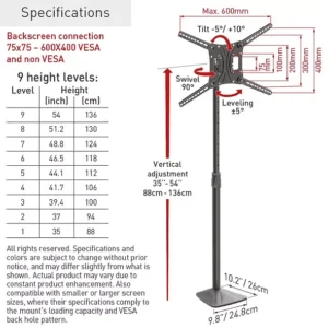 Suport TV de podea, Barkan FS420, Fix, 13"-83", VESA 600x400, suporta pana la 50kg, Negru