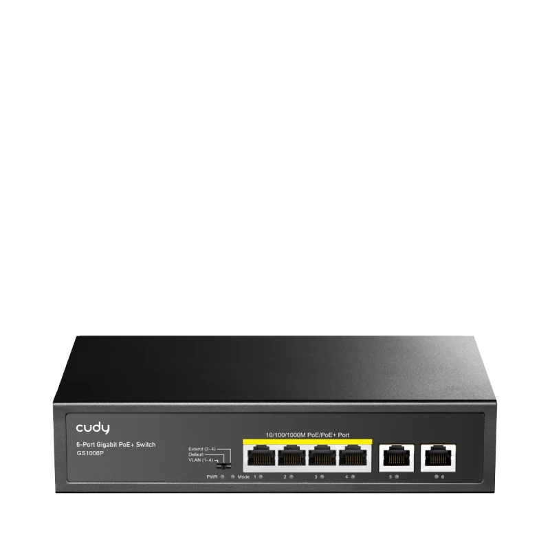 CUDY 6-Port 10/100/1000M PoE+ Switch, 4-Port 10/100/1000 BASE-T Gigabit PoE+ ports, 2-Port 10/100/1000 BASE-T Gigabit Uplink ports,  802.3at/af, VLAN mode support for port #1 ~ #4, Extend mode support for port #3 ~ # 4, Fanless, ±4KV Surge Protection,Watchdog, 65W internal