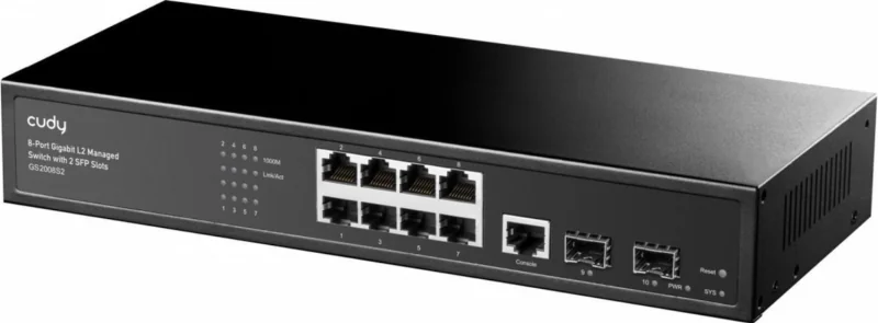 CUDY Switch Managed 8-Port Layer 2 10/100/1000M, 8x porturi Gigabit Ethernet + 2x porturi Gigabit SFP + 1 port management, backplane bandwidth 20Gbps, suporta dial-up VLAN, extensie 250 metri, functie Layer 2 network management, suport routare, DHCP, VLAN, MAC address, ACL Access control, QOS