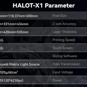 CREALITY HALOT-X1 COMBO RESIN 3D PRINTER, Tehnologie LCD, Volum printare: 211.68mm*118.37mm*200mm, Dimensiuni imprimanta: 344mm*331mm*434mm, Sursa lumina: Honeycomb Matrix, Expunere: 6500+10% μW/cm2, Rezolutie: 16K(15120*6230PX), Dimensiune pixel: 14*19μm, Acuratete axa Z: 0.01mm, Grosime strat