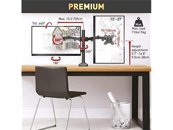 Suport monitor Barkan M142T full motion, pentru monitoare de 13"-27", greutate maxima suportata per ecran 5 kg, VESA max. 100x100mm, negru