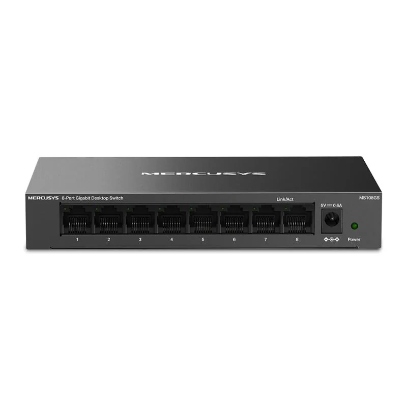 Mercusys MS108GS. Switch type: Unmanaged. Basic switching RJ-45 Ethernet ports type: Gigabit Ethernet (10/100/1000), Basic switching  RJ-45 Ethernet ports quantity: 8. Full duplex. MAC address table: 8000 entries, Switching capacity: 16 Gbit/s. Networking standards: IEEE 802.3, IEEE 802.3ab, IEEE
