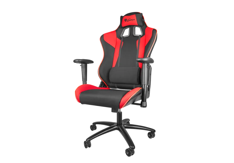 Scaun gaming Genesis Nitro 770, material piele ecologica + Textil, reglabil pe inaltime, greutate maxima suportata 150 kg, inaltime scaun reglabil 45.5 - 54.5 cm, spatar ajustabil 180°, dimensiuni roti 60mm, echipat cu piston cu gaz clasa 4, manere 2D, negru/rosu