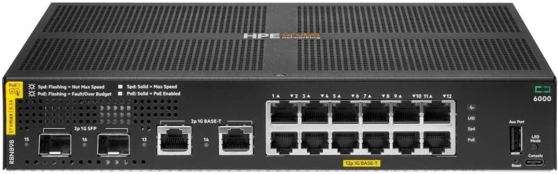 HPE Aruba Networking CX 6000 12p 10M/100M/1G Class4 PoE 2p SFP 1G 139W Switch