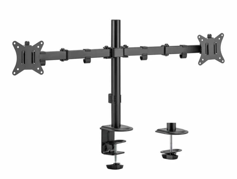 RESIG0000026027_01 Suport 2 monitoare SeriouxMM66-C024, brat articulat monitor, compatibilitate dimensiune ecran 17"-32", greutate maximă suportata: (per ecran): 9kg, VESA: 75x75, 100x100, inclinare: +45°~-45°, pivotare: +90°~-90°, rotația ecranului: + 180°~-180°, instalare: clemă, grommet