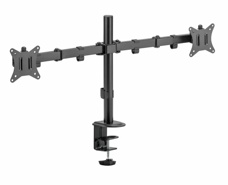 RESIG0000026027_04 Suport 2 monitoare SeriouxMM66-C024, brat articulat monitor, compatibilitate dimensiune ecran 17"-32", greutate maximă suportata: (per ecran): 9kg, VESA: 75x75, 100x100, inclinare: +45°~-45°, pivotare: +90°~-90°, rotația ecranului: + 180°~-180°, instalare: clemă, grommet