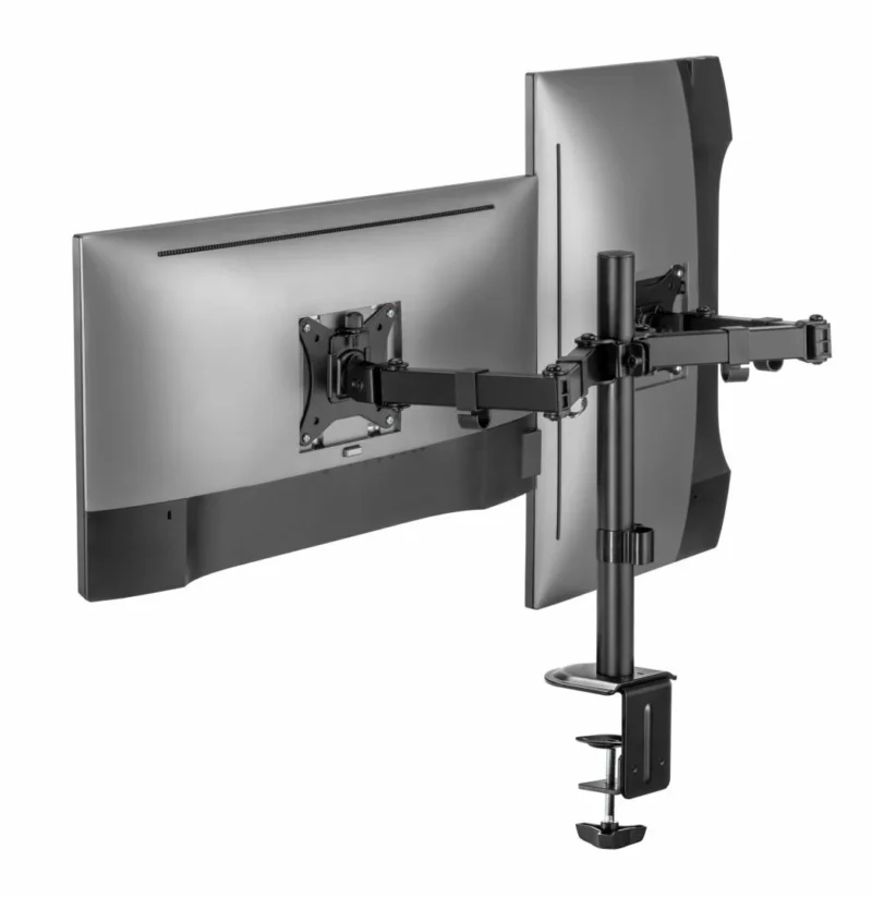 RESIG0000026027_10 Suport 2 monitoare SeriouxMM66-C024, brat articulat monitor, compatibilitate dimensiune ecran 17"-32", greutate maximă suportata: (per ecran): 9kg, VESA: 75x75, 100x100, inclinare: +45°~-45°, pivotare: +90°~-90°, rotația ecranului: + 180°~-180°, instalare: clemă, grommet