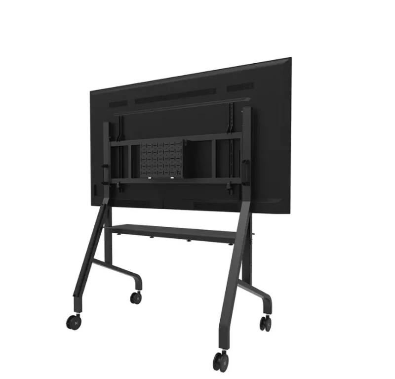 RESIG0000030103_02 Stand podea mobil/fix Neomounts FL50-575BL1; pentru display-uri cu diagonale 65"-110", sistem de prindere VESA 100x100~1100x600, greutate maxima suportata 125kg, fix, inaltime reglabila manual 1290-1360mm (4 presetari); polita AV max load 10kg, rack AV, management cabluri, 2 stalpi; pre-asamblat