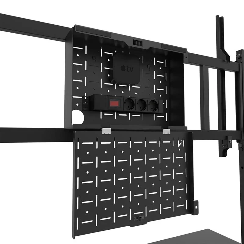 RESIG0000030103_06 Stand podea mobil/fix Neomounts FL50-575BL1; pentru display-uri cu diagonale 65"-110", sistem de prindere VESA 100x100~1100x600, greutate maxima suportata 125kg, fix, inaltime reglabila manual 1290-1360mm (4 presetari); polita AV max load 10kg, rack AV, management cabluri, 2 stalpi; pre-asamblat