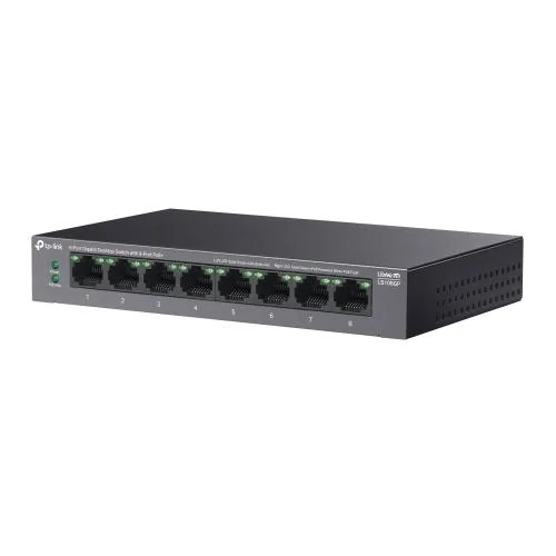 RESIG0000030223_03 TP-LINK 5-PORT GIGABIT SWITCH LS108GP, interfata 8× 10/100/1000Mbps RJ45 Ports (Ports 1–8 supports 802.3af/at PoE+), AUTO Negotiation, AUTO MDI/MDIX, porturi Standard: 802.3 af/at compliant, PoE Ports: Ports 1–8, pana la 30 W PoE output per port, PoE Budget: 62 W, dimensiuni 6.2× 3.9×1.0 in