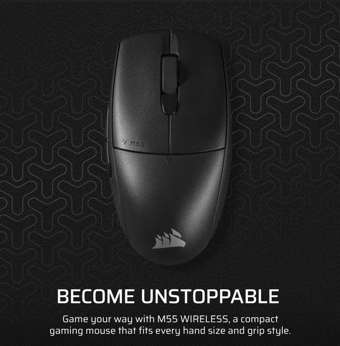 Mouse Gaming CORSAIR M55 WIRELESS, Optical, autonomie baterie 2.4GHz pana la 185 ore bluetooth pana la 400 de ore, DPI 24K, lungime cablu 1.8m