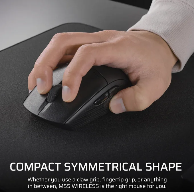 Mouse Gaming CORSAIR M55 WIRELESS, Optical, autonomie baterie 2.4GHz pana la 185 ore bluetooth pana la 400 de ore, DPI 24K, lungime cablu 1.8m