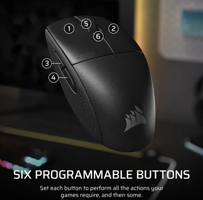 Mouse Gaming CORSAIR M55 WIRELESS, Optical, autonomie baterie 2.4GHz pana la 185 ore bluetooth pana la 400 de ore, DPI 24K, lungime cablu 1.8m