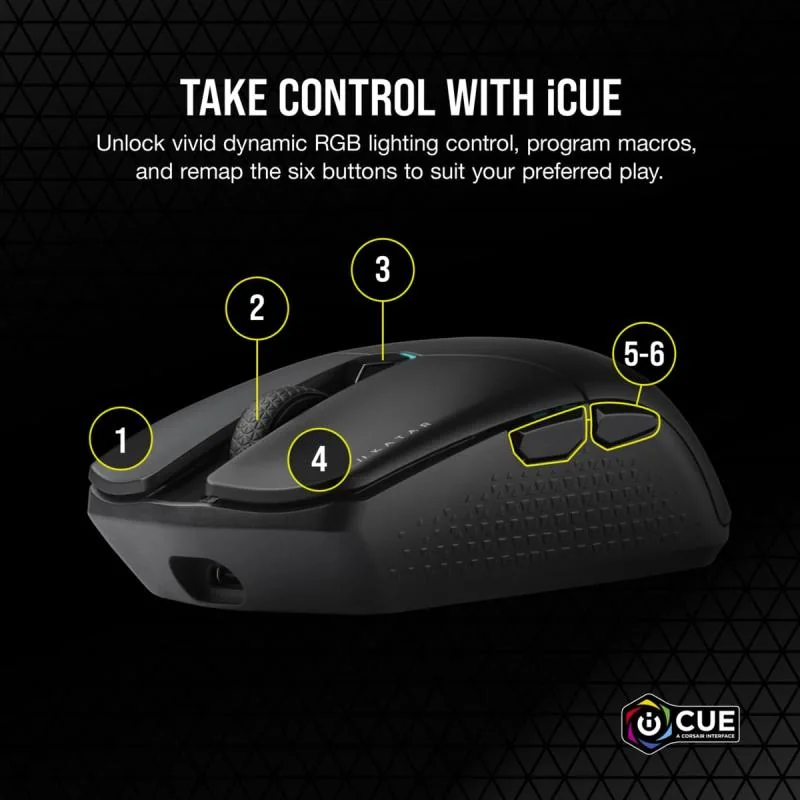 Mouse Gaming CORSAIR KATAR ELITE WIRELESS, 26k DPI, compatibilitate iCUE, 1 memory profile, autonomie de pana la 60 de ore 2.4GHz si de pana la 110 ore bluetooth