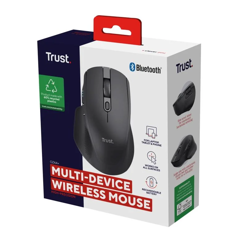 Mouse Trust Ozaa+, wireless RF 2.4GHz, bluetooth, conectivitate USB 1.1, 2.0, 3.0, rezolutie maxima 3200 DPI, negru