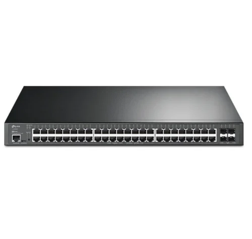 "JetStream™ 48-Port Gigabit and 4-Port 10GE SFP+ L2+ Managed Switch with 48-Port PoE+ PORT: 48× Gigabit PoE+ Ports, 4× 10G SFP+ Slots, RJ45/Micro-USB Console Port SPEC: 802.3at/af, 500 W PoE Power, 1U 19-inch Rack-mountable Steel Case FEATURE: Integration with JetStream™ SDN Controller,Static