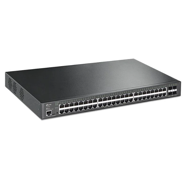 "JetStream™ 48-Port Gigabit and 4-Port 10GE SFP+ L2+ Managed Switch with 48-Port PoE+ PORT: 48× Gigabit PoE+ Ports, 4× 10G SFP+ Slots, RJ45/Micro-USB Console Port SPEC: 802.3at/af, 500 W PoE Power, 1U 19-inch Rack-mountable Steel Case FEATURE: Integration with JetStream™ SDN Controller,Static