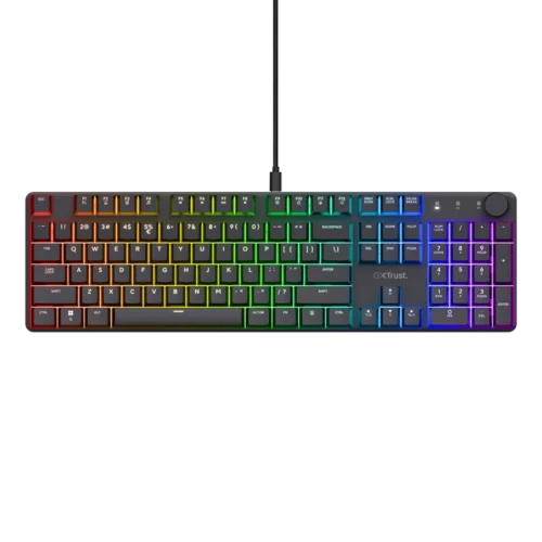 Tastatura mecanica Trust GXT 866 Torix cu fir, swtich linear, 104 butoane, full RGB, butoane programabile, tipuri de jocuri FPS, MMO, MOBA, RPG, RTS, negru