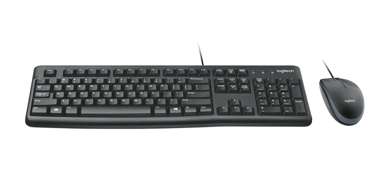Logitech Desktop MK120. Keyboard form factor: Full-size (100%). Keyboard style: Straight. Connectivity technology: Wired, Device interface: USB, Keyboard layout: QWERTY. Cable length: 1.5 m. Recommended usage: Office. Product colour: Black. Mouse included