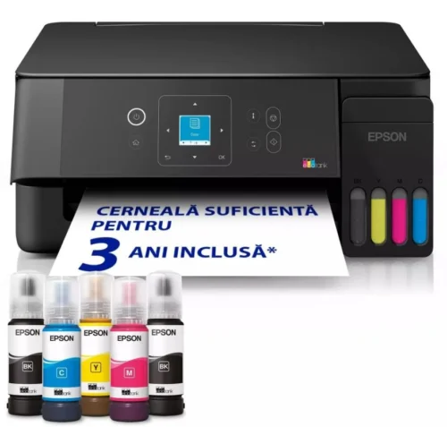 EPSON L3360 CISS COLOR INKJET MFP, Format: A4, Functii: Print, Copy, Scan, Viteza printare: 33ppm mono, 15ppm color, Rezolutie printare: 5.760 x 1.440 DPI, Rezolutie scanare: 1.200 DPI x 2.400 DPI, Format fisiere scanate: BMP, JPEG, PICT, TIFF, multi-TIFF, PDF, PNG, Senzor CIS, Capacitate hartie