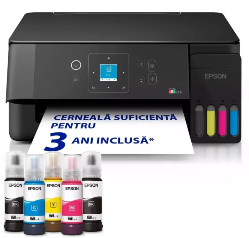EPSON L3360 CISS COLOR INKJET MFP, Format: A4, Functii: Print, Copy, Scan, Viteza printare: 33ppm mono, 15ppm color, Rezolutie printare: 5.760 x 1.440 DPI, Rezolutie scanare: 1.200 DPI x 2.400 DPI, Format fisiere scanate: BMP, JPEG, PICT, TIFF, multi-TIFF, PDF, PNG, Senzor CIS, Capacitate hartie