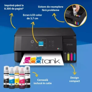 EPSON L3360 CISS COLOR INKJET MFP, Format: A4, Functii: Print, Copy, Scan, Viteza printare: 33ppm mono, 15ppm color, Rezolutie printare: 5.760 x 1.440 DPI, Rezolutie scanare: 1.200 DPI x 2.400 DPI, Format fisiere scanate: BMP, JPEG, PICT, TIFF, multi-TIFF, PDF, PNG, Senzor CIS, Capacitate hartie