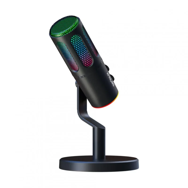 Microfon Gaming de birou Serioux SU8, condenser, unidirectional, frecventa raspuns 20-20KHz, sensibilitate maxima -11DBFS la 80 dB SPL, rata de esantionare 48KHz, rata de biti 16/24bit, raport semnal zgomot 75dB, interfata 3.5mm si USB-C, putere intrare 5V, 200mA, greutate 325g, iluminare RGB