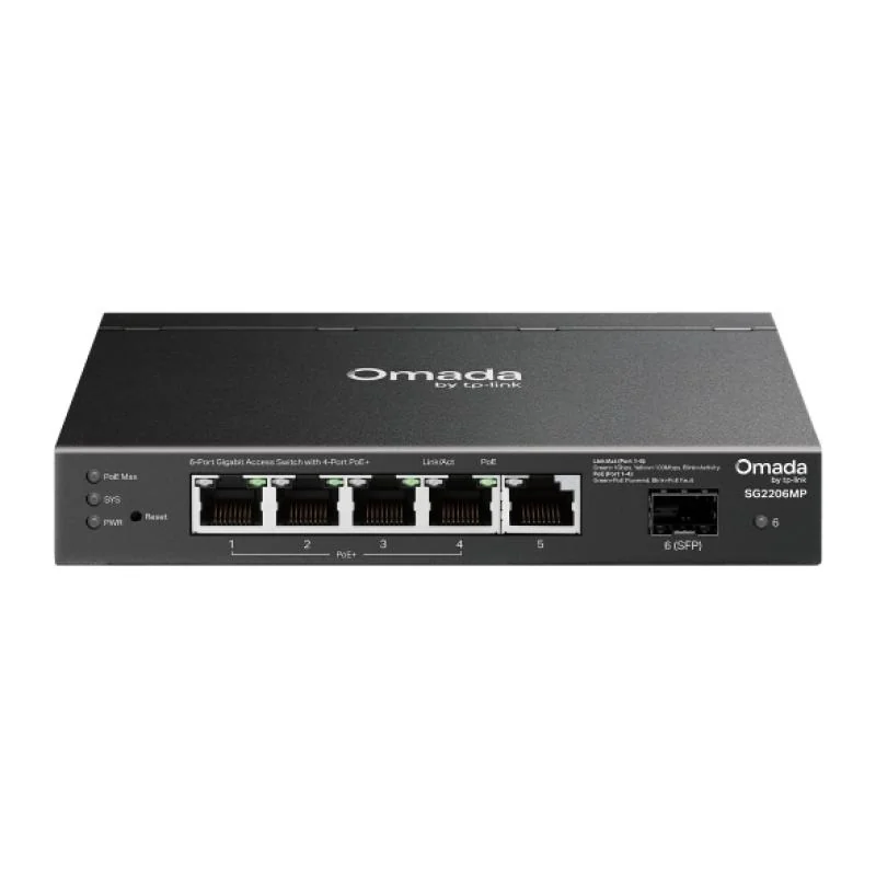 SG2206MP_01 Switch Omada Access 6-Port Gigabit, 5× Gigabit RJ45 ports (4× PoE+) and 1× Gigabit SFP slot, 63W total PoE budget pana la 30W pentru fiecare port* PoE+, putere maxima 53.5 VDC / 1.31 A, capacitate switch 12 Gbps
