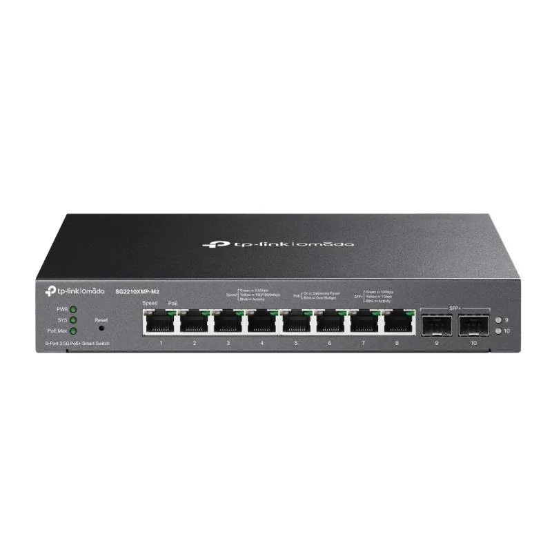 SG2210XMP-M2_01 Omada 8-Port 2.5GBASE-T and 2-Port 10GE SFP+ Smart Switch with 8-Port PoE+ PORT: 8× 2.5G PoE+ Ports, 2× 10G SFP+ Slots SPEC: 802.3at/af, 160 W PoE Power, Desktop & Fanless Steel Case FEATURE: Integration with Omada SDN Controller, Static Routing, 802.1Q VLAN, STP/RSTP/MSTP, IGMP Snooping