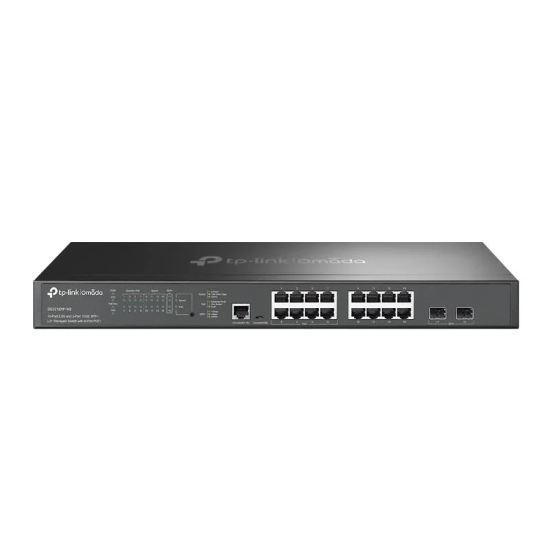 Omada 16-Port 2.5GBASE-T and 2-Port 10GE SFP+ L2+ Managed Switch with 8- Port PoE+ PORT: 8× 2.5G PoE+ Ports, 8× 2.5G Non-PoE Ports, 2× 10G SFP+ Slots, RJ45/Micro-USB Console Port SPEC: 802.3at/af, 240 W PoE Power, 1U 19-inch Rack-mountable Steel Case FEATURE: Integration with Omada SDN