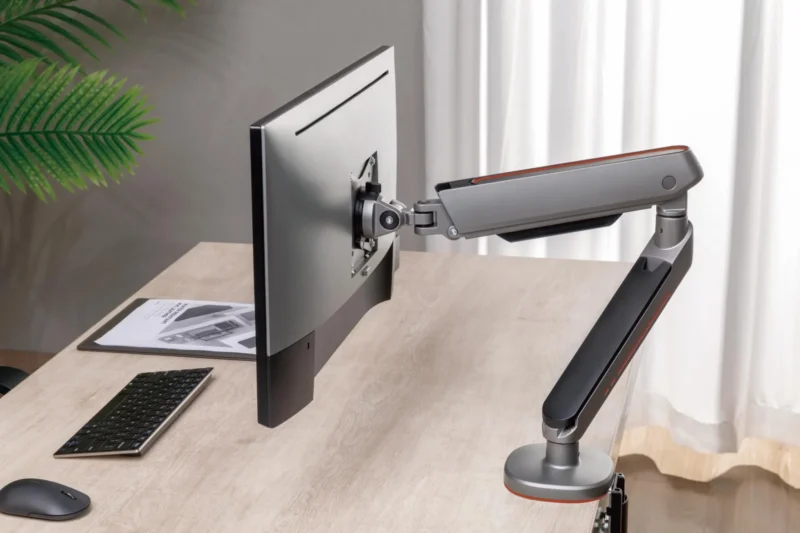 Brat pentru monitor, Material: Oțel, Aluminiu, Plastic, Suprafață finisaj : acoperire cu Pulbere, Culoare: Alb Texturat Fin, Gri Spațial, Dimensiune compatibila ecran: 27"-45", tehnologie arc, Greutate maxima (pe ecran): 5~14 kg, Greutate maxima pentru ecran curbat (pe ecran): 5~12 kg
