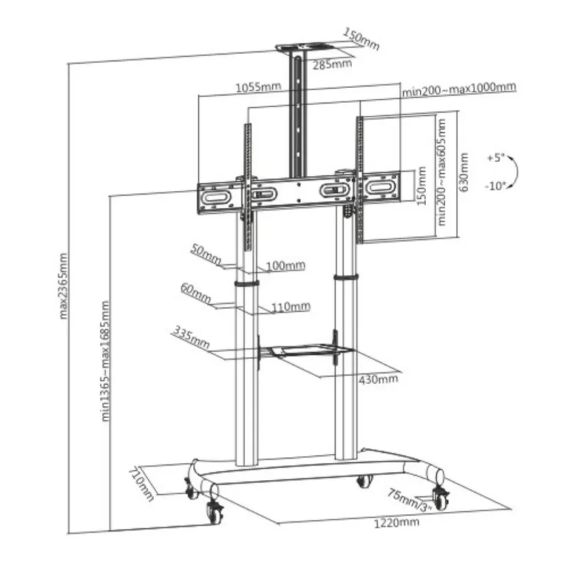SRXA-TV610TW_07 Stand TV mobil Serioux TV610TW 60"-100", dimensiuni: 1220x710x2045~ 2365mm, compatibilitate dimensiune ecran: 60"-100", compatibilitate VESA: 400x400, 600x400, 800x400, 800x600, 900x600, 1000x600, Greutate maximă suportata: 100 kg, interval de înclinare: +5°~-10°, interval de înălțime: 1365~1685mm